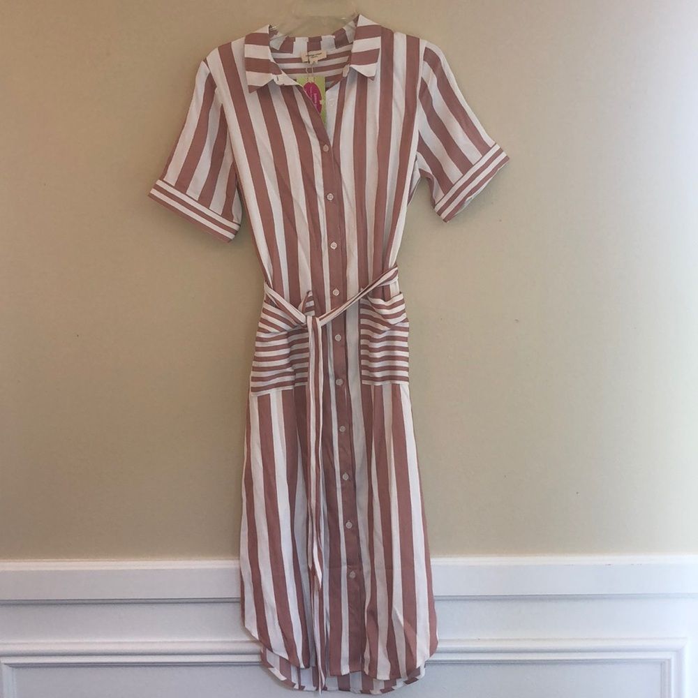 Orange Creek Brown and White Striped Midi Dress